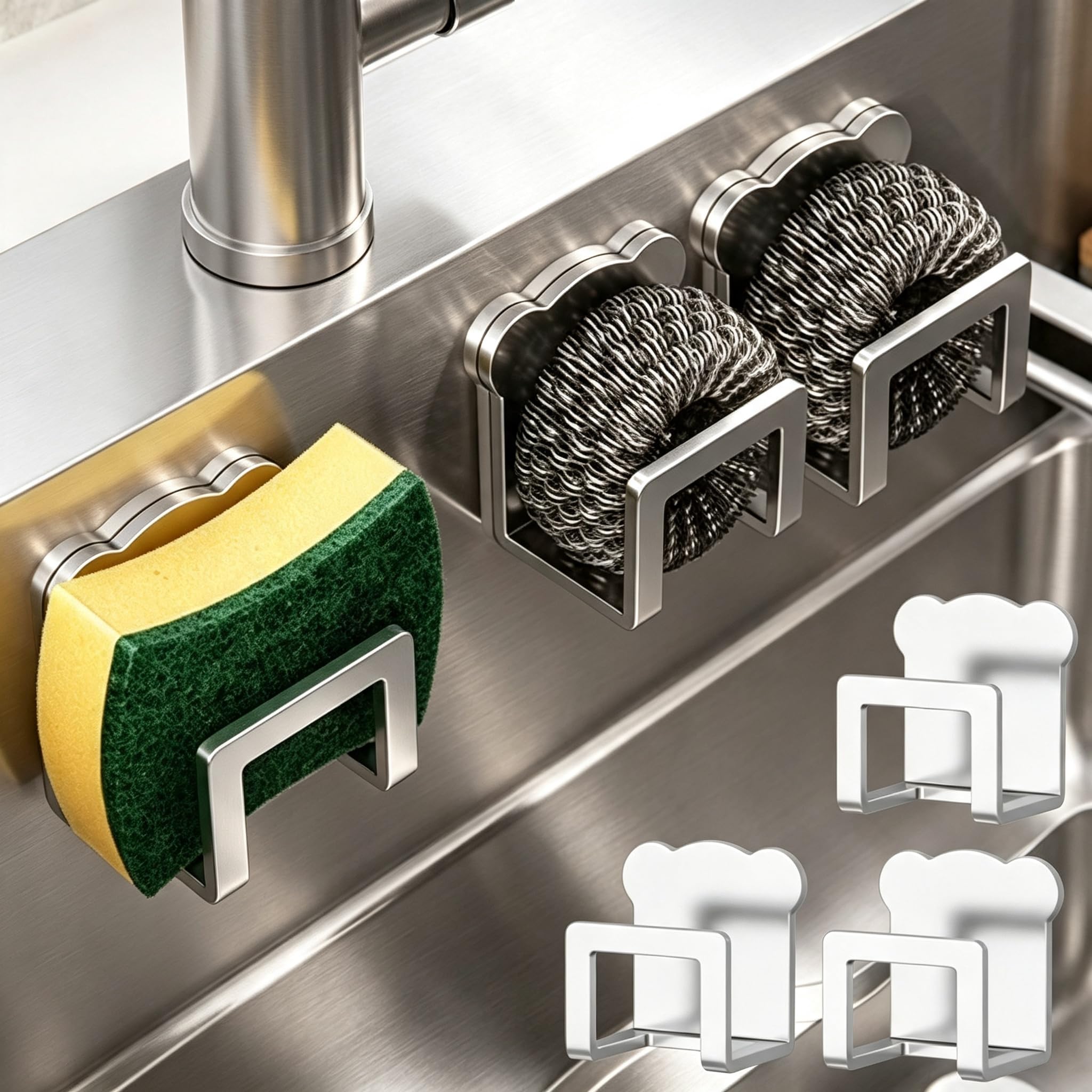 Silver Bear Sink Organizer Self Adhesive Sponge Holder No Drill Kitchen Storage 