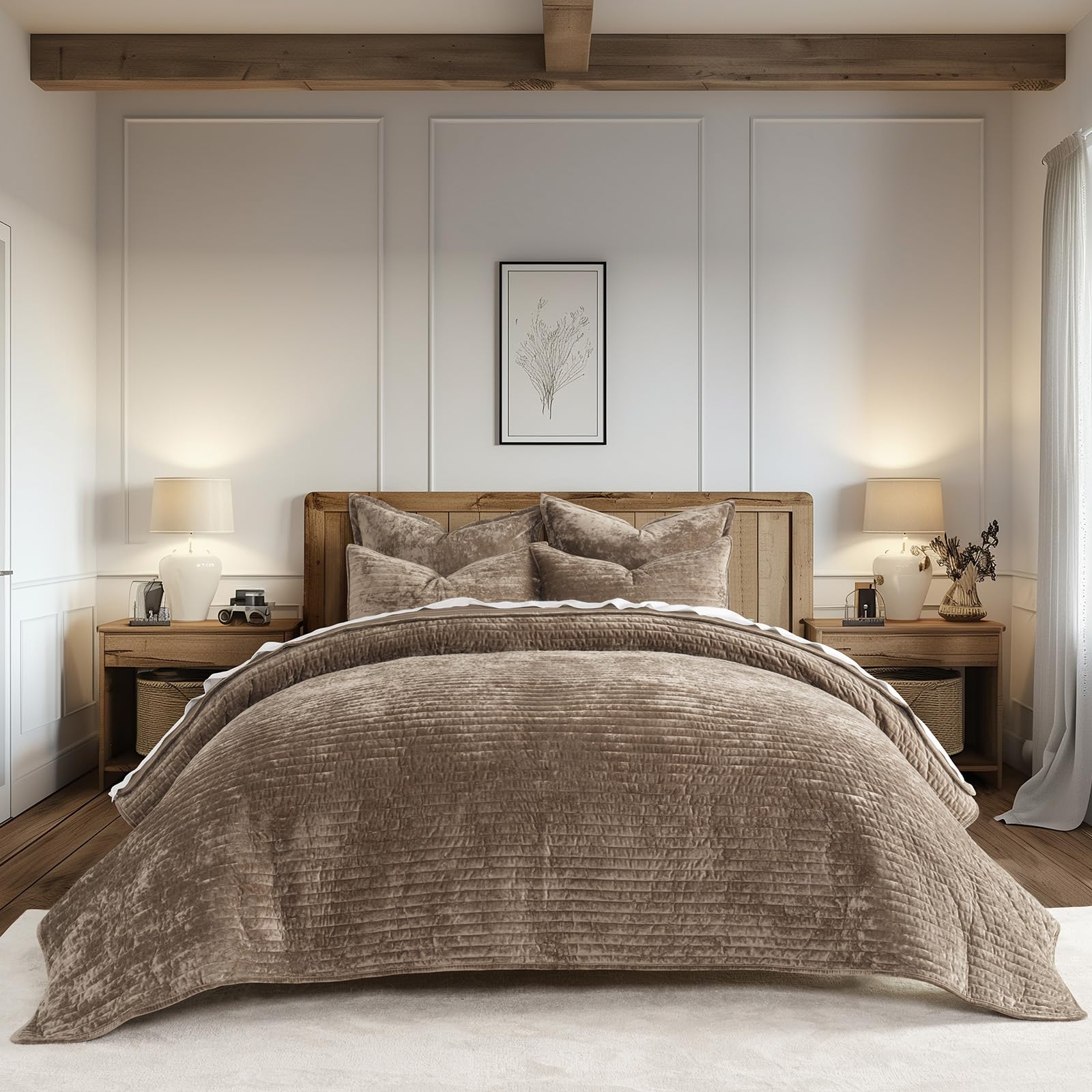 EverGrace Stripe Channel Luxury Velvet Quilt Set King Size, Mocha Brown | Ultra 