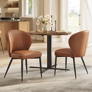 VASAGLE Dining Chairs Set of 2, Upholstered Kitchen Chairs | Synthetic Leather with Stitching, Mid-Century Modern, Easy Assembly, Living Room Lounge, Caramel Brown, EKHO Collection
