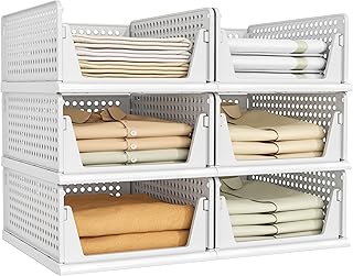 Pinkpum 6 Pack Closet Organizer Storage Bins Stackable Plastic Drawer Shelf | Basket for Clothing Stackable Storage Bins Shelf Storage Container for Closet Wardrobe Bedroom Bathroom Office White Foldable