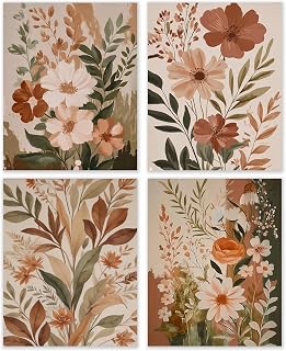 BESERH Boho Abstract Floral Wall Decor, Vintage Floral Wall Art Prints, Rustic Cottagecore Botanical Flower Posters for Home Bedroom Living Room, 8x10 Inches Set of 4 Unframed