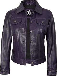 Decrum Real Lambskin Trucker Leather Jacket for Women with Button Closure