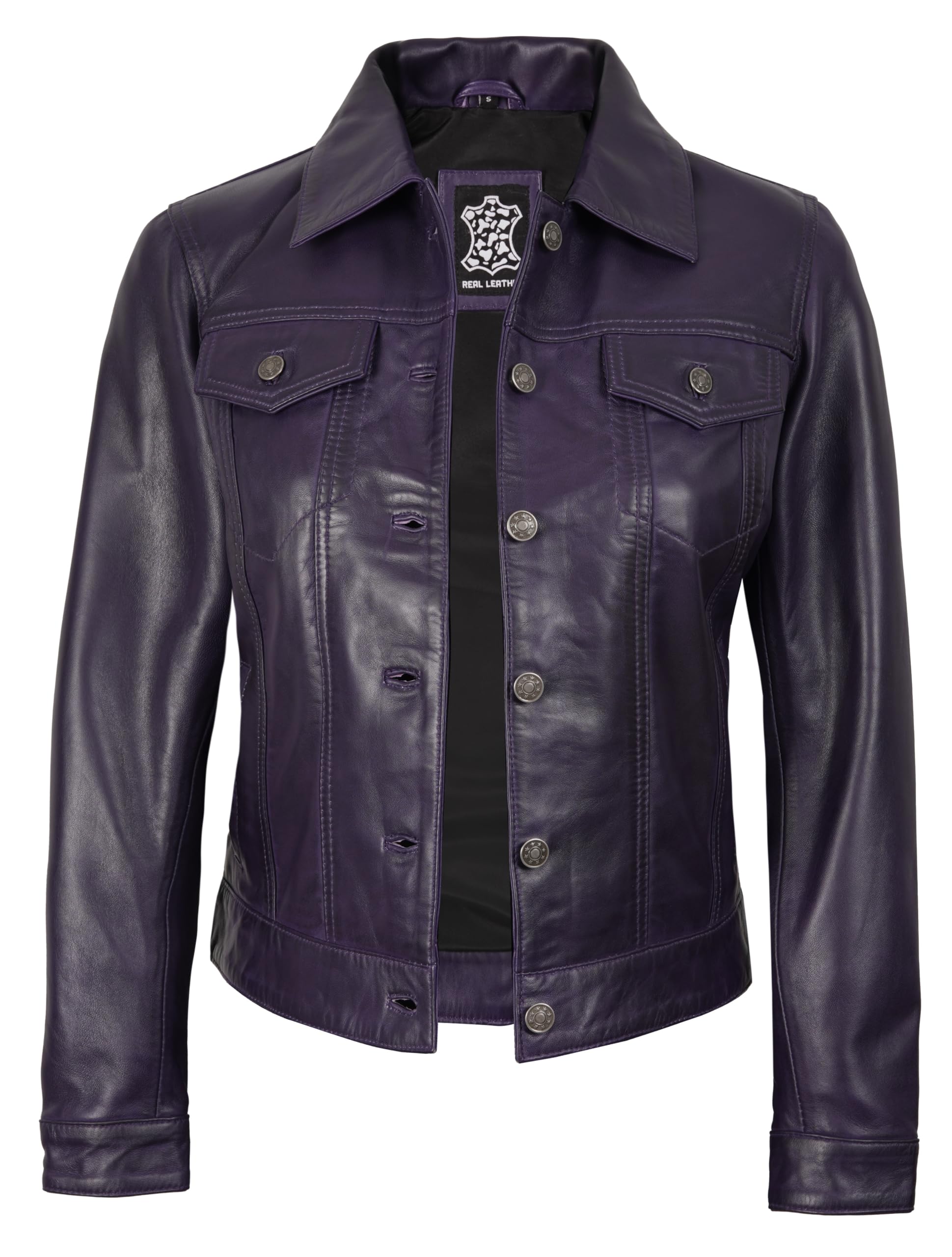 Decrum Real Lambskin Trucker Leather Jacket for Women with Button Closure