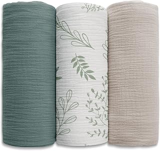 Soarwg Kids Muslin Cotton Baby Swaddle Blankets, 3-Pack, 95x100cm | Eucalyptus design. Large 95x100cm muslin. Swaddle, burp cloth, nursing. Washable. Oeko-Tex.