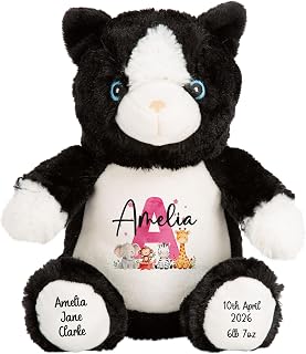 Personalised New Baby Girl Cat Teddy Bear with Pink Name & Initial – Safari Animal Design with Elephant, Monkey, Zebra & Giraffe – Baby Keepsake Gift
