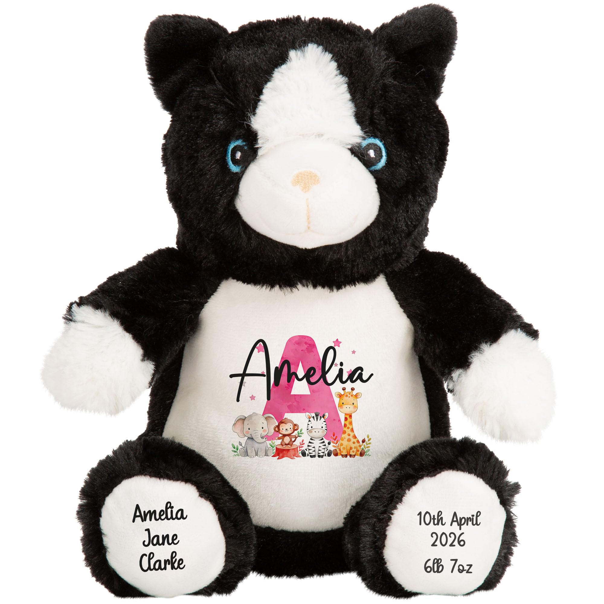 Personalised New Baby Girl Cat Teddy Bear with Pink Name & Initial – Safari Anim
