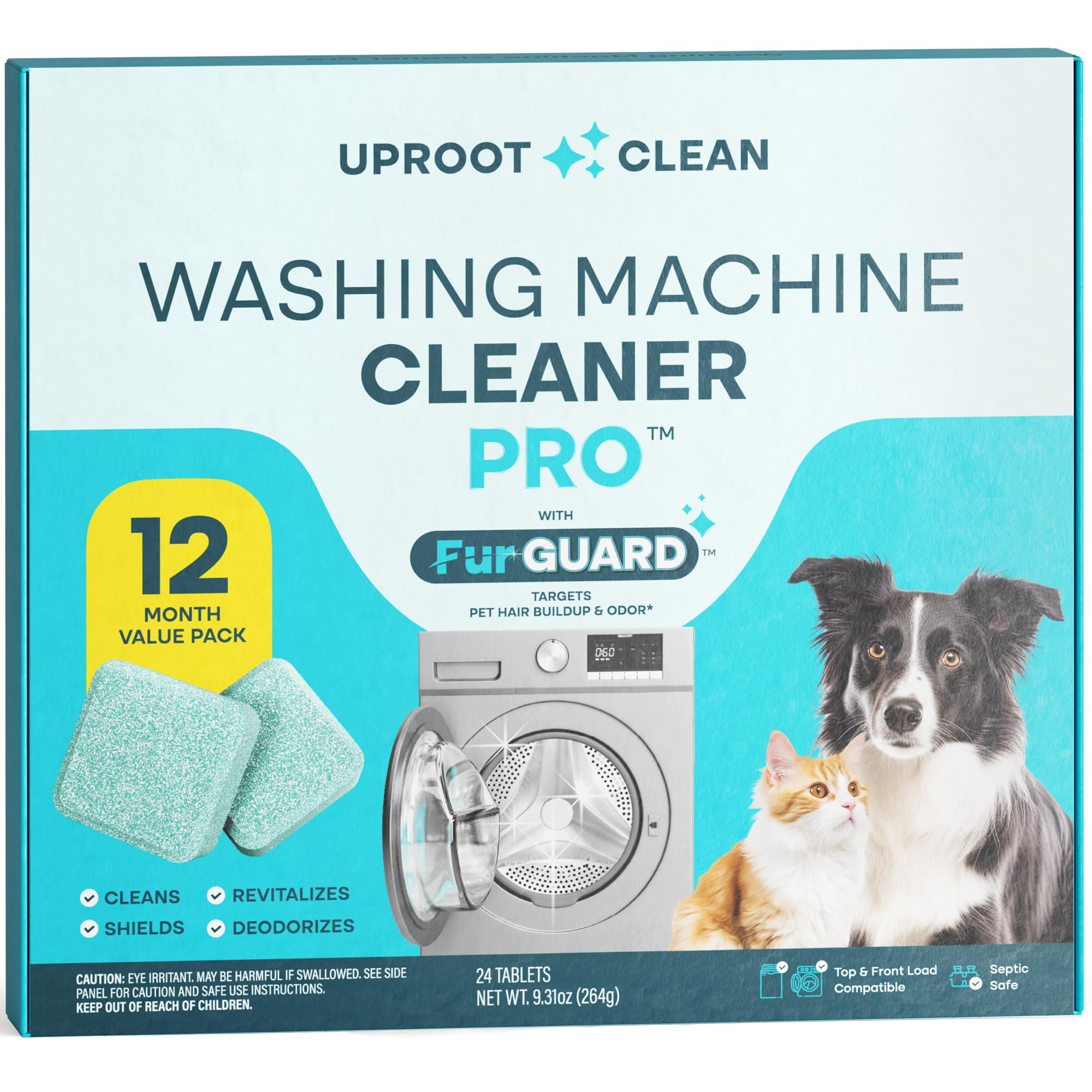 Uproot Clean Washing Machine Cleaning Tablets for Pet Owners, 24 Pack | HE/Top/F