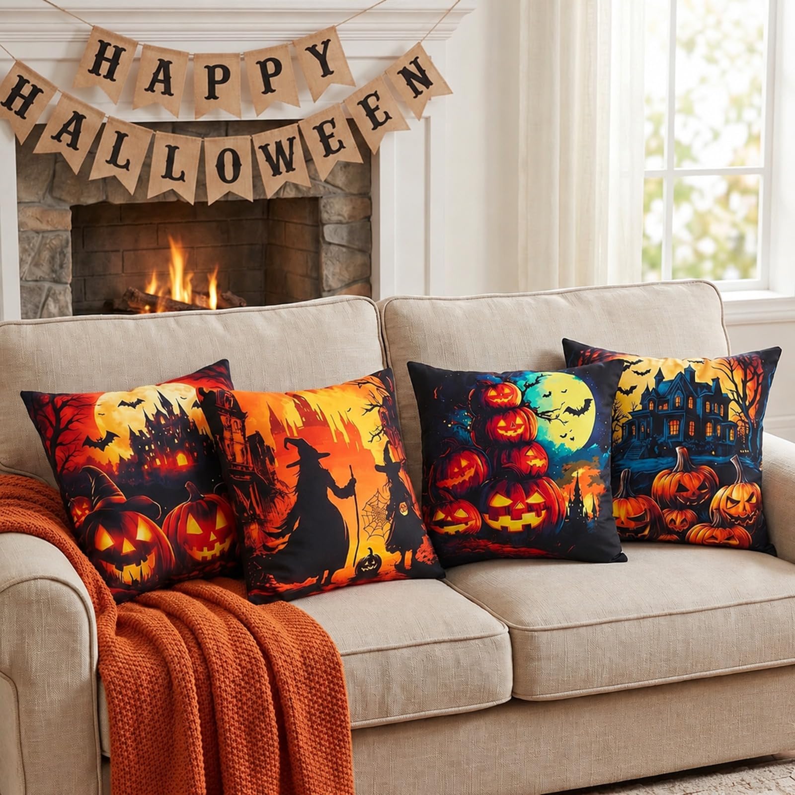 Halloween Decorative Throw Pillow Covers Set of 4 Peach Skin Pillow Sham Moon Ni