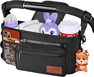 Stroller Organizer with Cup Holder, Non-Slip Stroller Caddy Baby Essentials | Christmas Women Gifts for New Mom, Universal Diaper Caddy Accessories, Detachable Phone Bag, Diaper Caddy Gifts for Mama