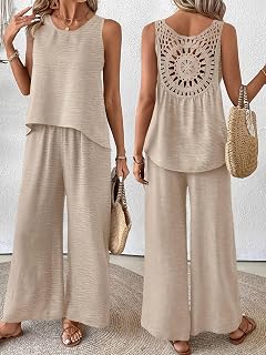 Women's 2 Piece Outfits Sexy Hollow Sleeveless Crochet Back Tank Top Wide Leg Pants Casual Vacation Set for Summer