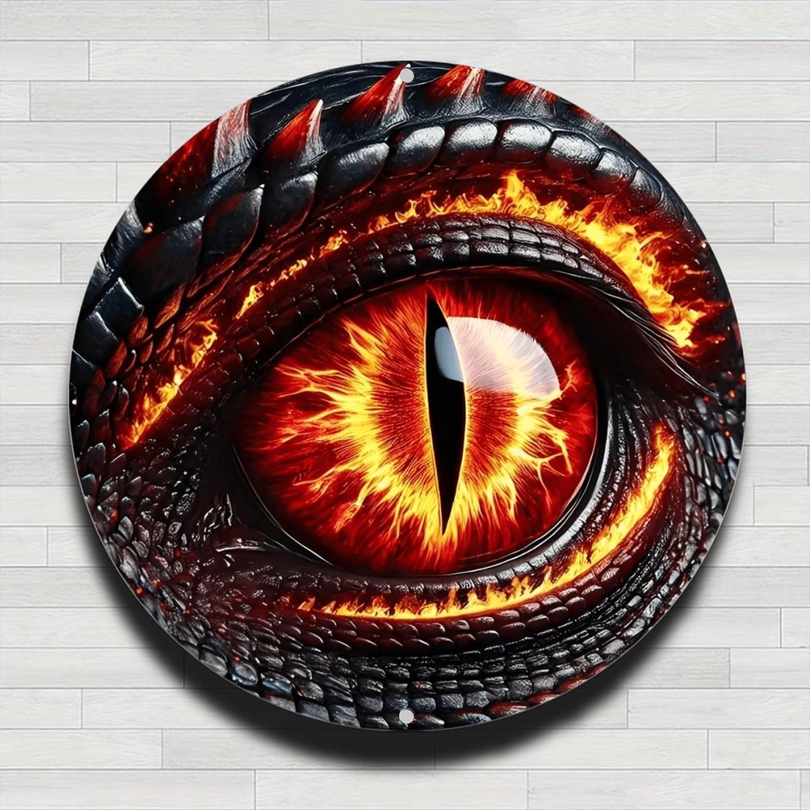 Flaming Dragon Eye with Shiny Scale Vintage Rustic Aluminum Metal Round Wall Sig