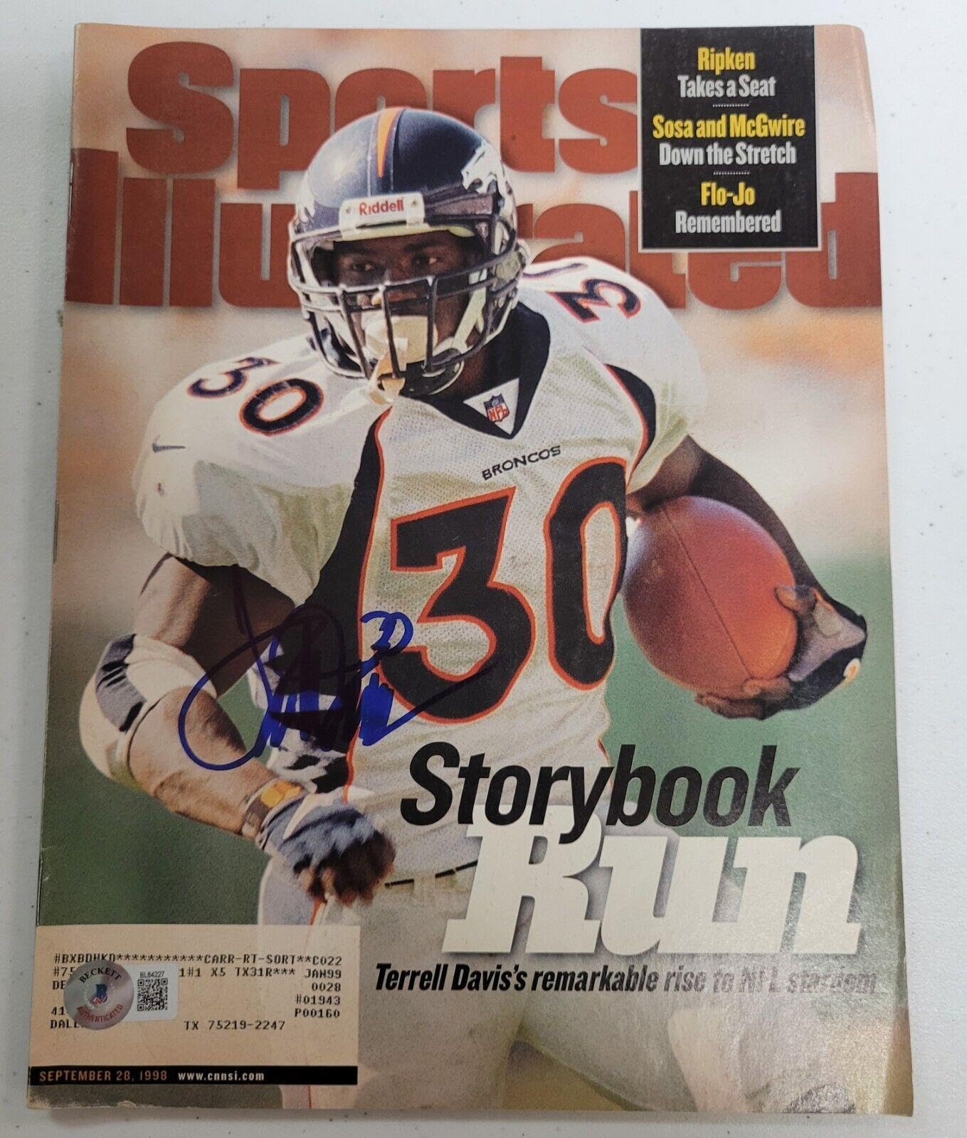 Terrell Davis Signed SI Sports Illustrated 9/28/98 Beckett Auto Denver Broncos -
