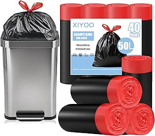 Heavy-Duty Black Bin Bags 50L Bin Liners with Drawstring Handles 40 Count Swing Rubbish Bags Kitchen Trash Bags Waste Sacks fit 45-60L
