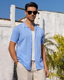 Alimens & Gentle Camicia da uomo in maglia a maniche corte con bottoni, camicia testurizzata casual estiva da spiaggia