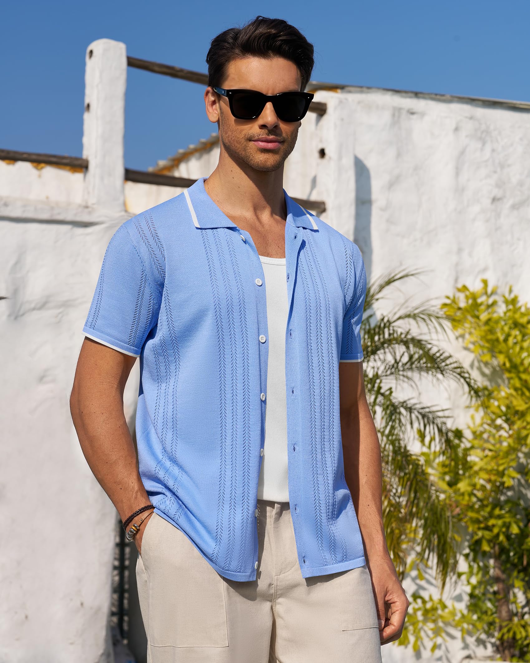 Alimens & Gentle Camicia da uomo in maglia a maniche corte con bottoni, camicia 