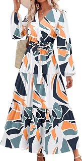 PRETTYGARDEN Women Long Sleeve V Neck Leopard Print Ruffle Tie Waist Maxi Dress Chiffon Bohemian Long Dress