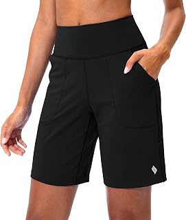 SANTINY Women's Bermuda Shorts with Zip Pocket High Waist Long Shorts for Running Athletic Workout