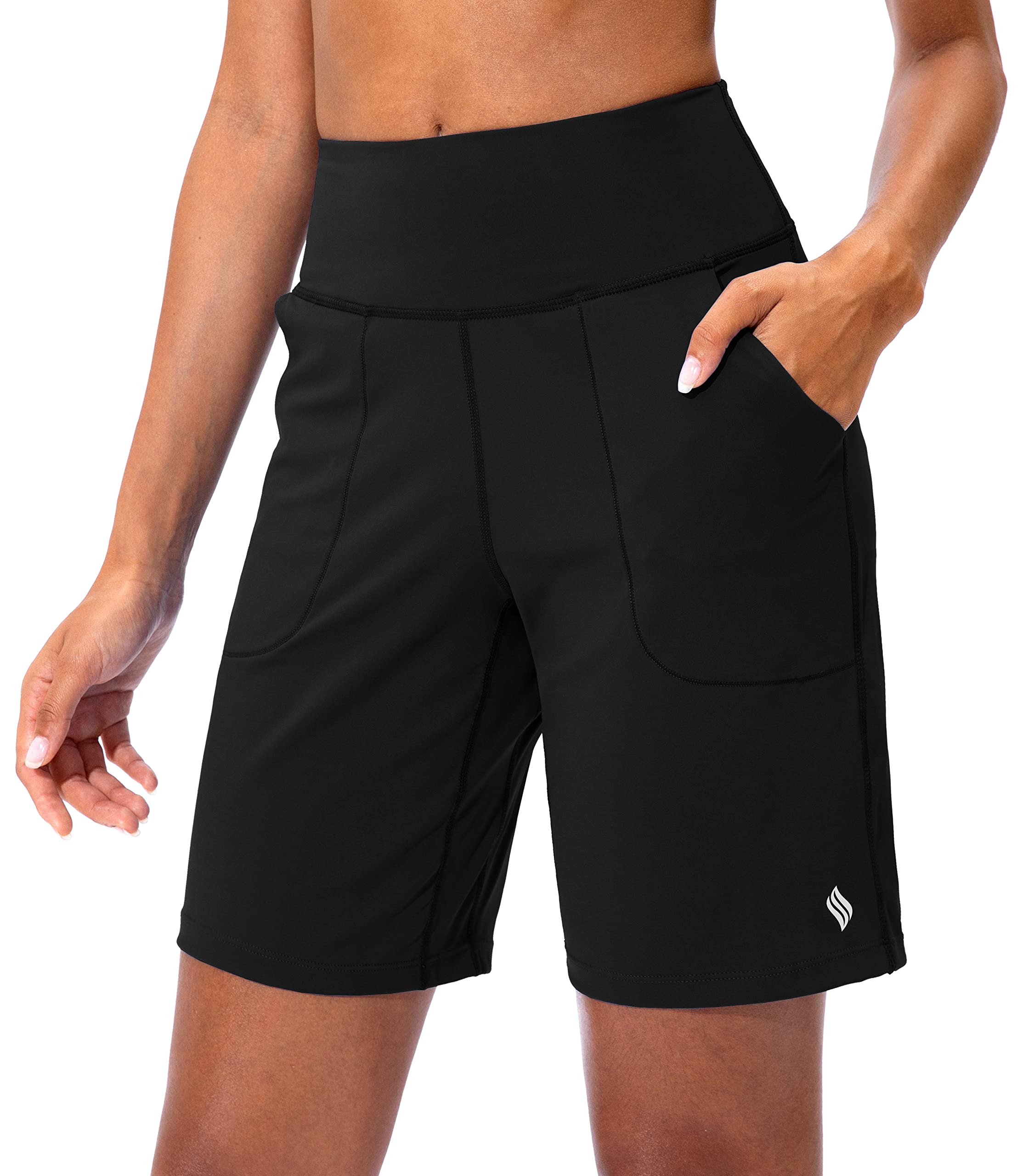 SANTINY Women's Bermuda Shorts with Zip Pocket High Waist Long Shorts for Runnin