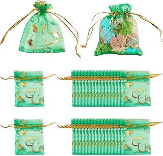 50pcs Heart Printed Organza Bags 2.75"x3.55" Jewelry Gift Mesh Pouch with Drawstring Bag for Valentine's Day Wedding Baby Shower Birthday Party Favors Lime Green