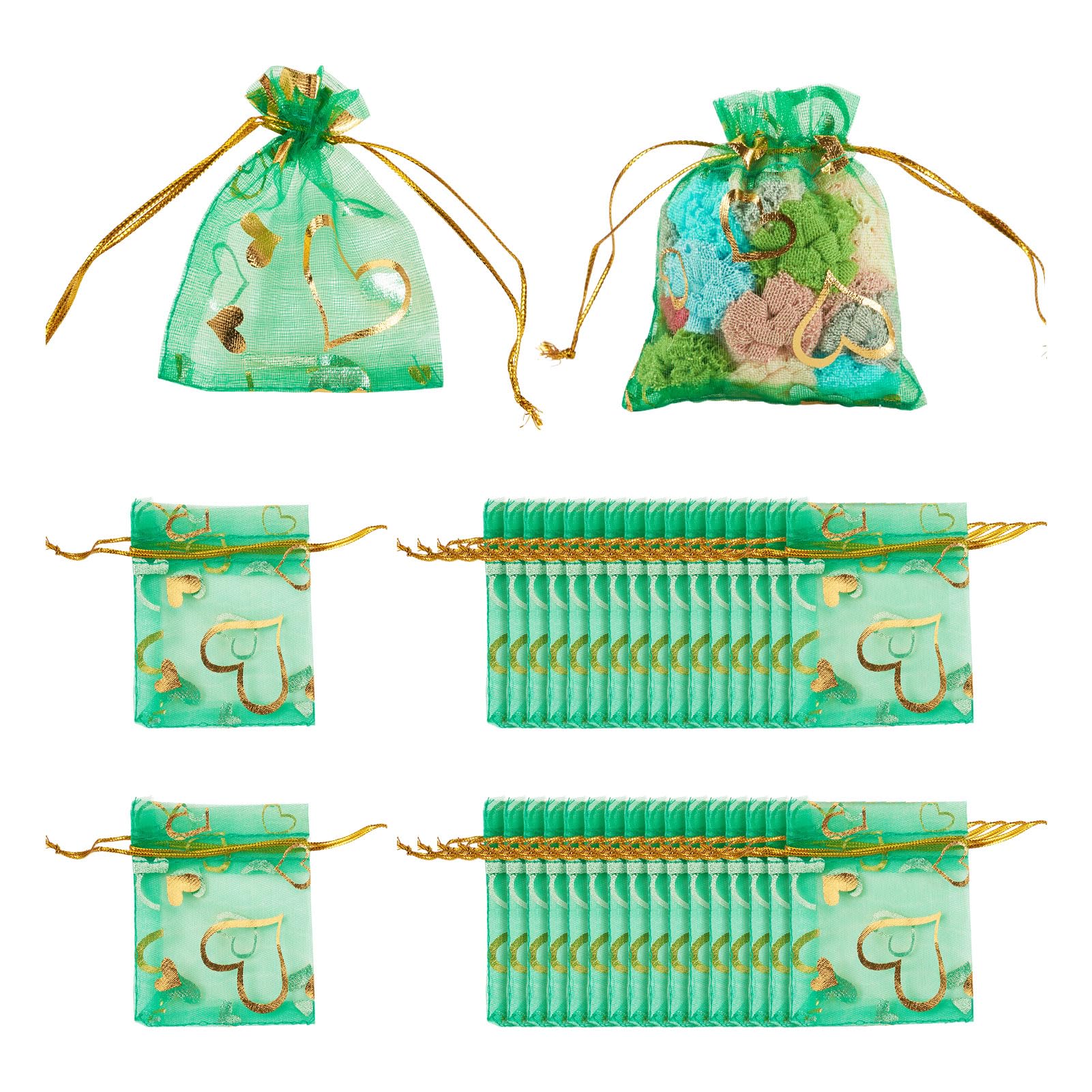 50pcs Heart Printed Organza Bags 2.75"x3.55" Jewelry Gift Mesh Pouch with Drawst
