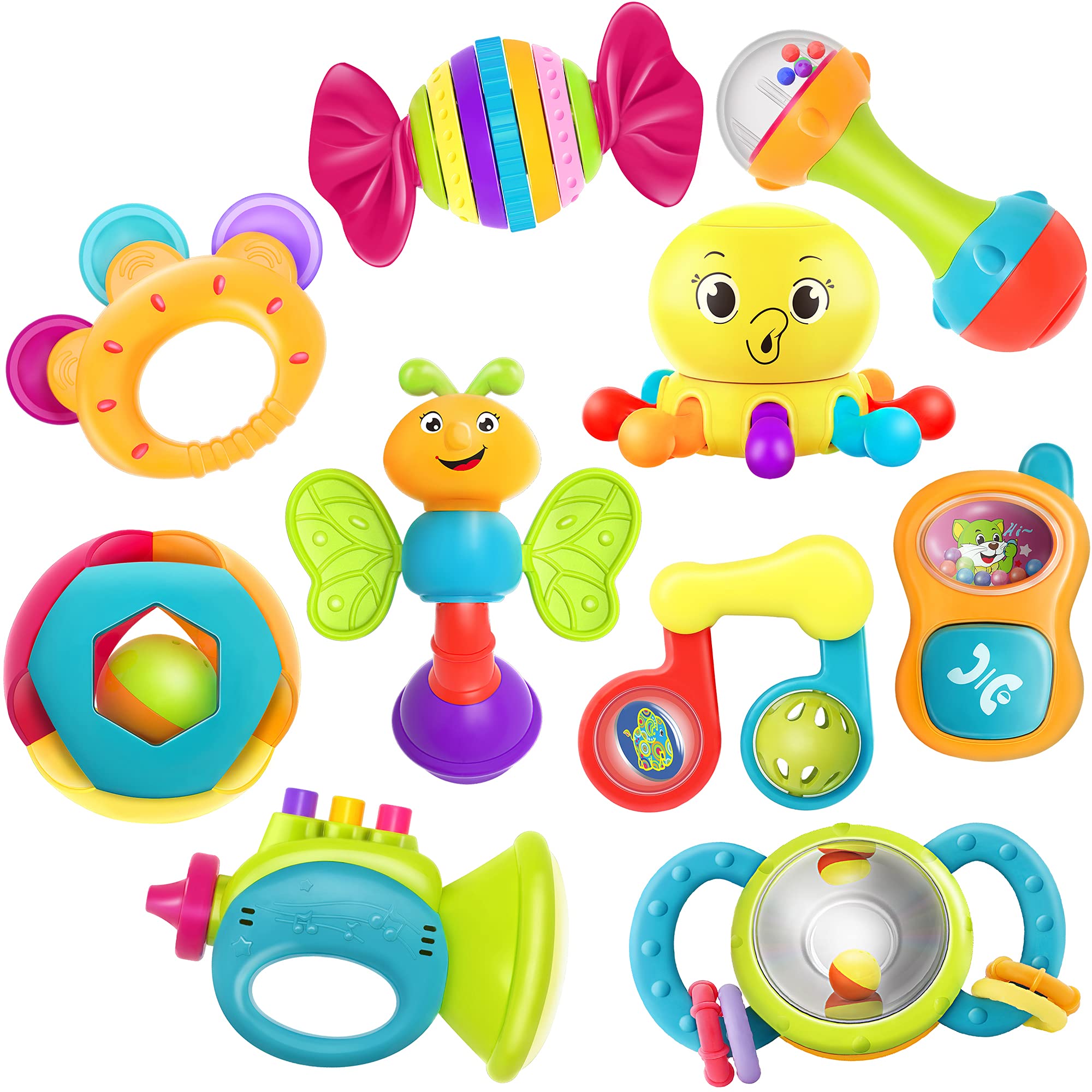 iPlay, iLearn 10PCS Baby Rattle Toys 3-6-12 Months, Infant Sensory Teething | Ba