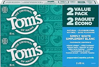 Tom's of Maine Simply White - Refreshing Peppermint - Fluoride-Free Natural Whitening Toothpaste Fights Tarter and Plaque to Whiten Teeth Naturally - 2 Pack, 85 mL