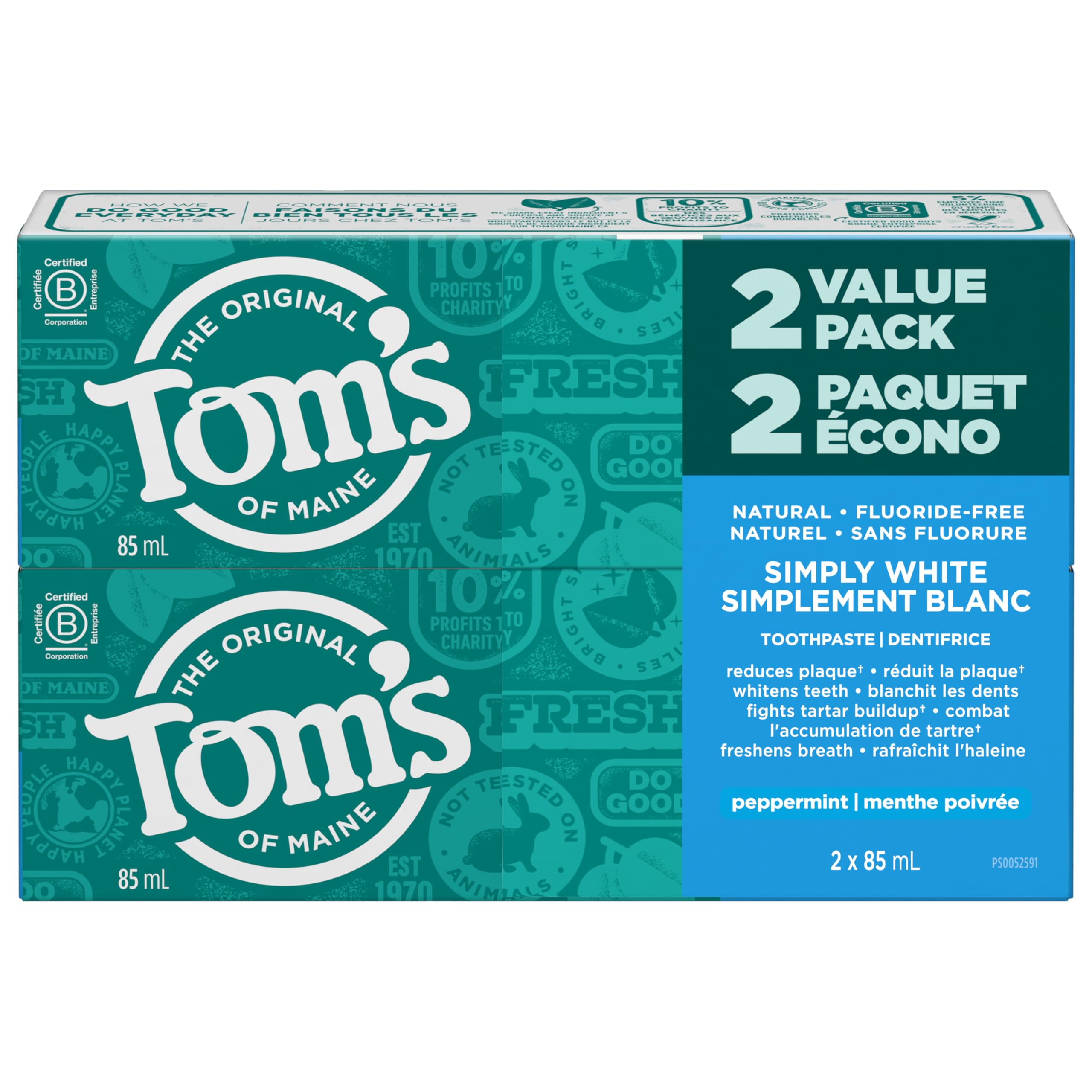Tom's of Maine Simply White - Refreshing Peppermint - Fluoride-Free Natural Whit