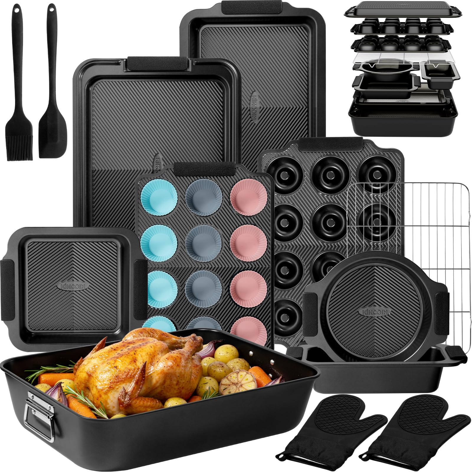 Kikcoin 25-Piece Nonstick Baking Pans Set with Large Turkey Roasting Pan, Stacka