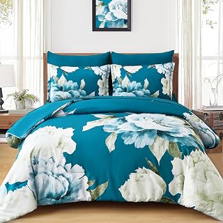 Dobuyly Teal King Size Comforter Set, 7 Piece Floral Bed in a Bag