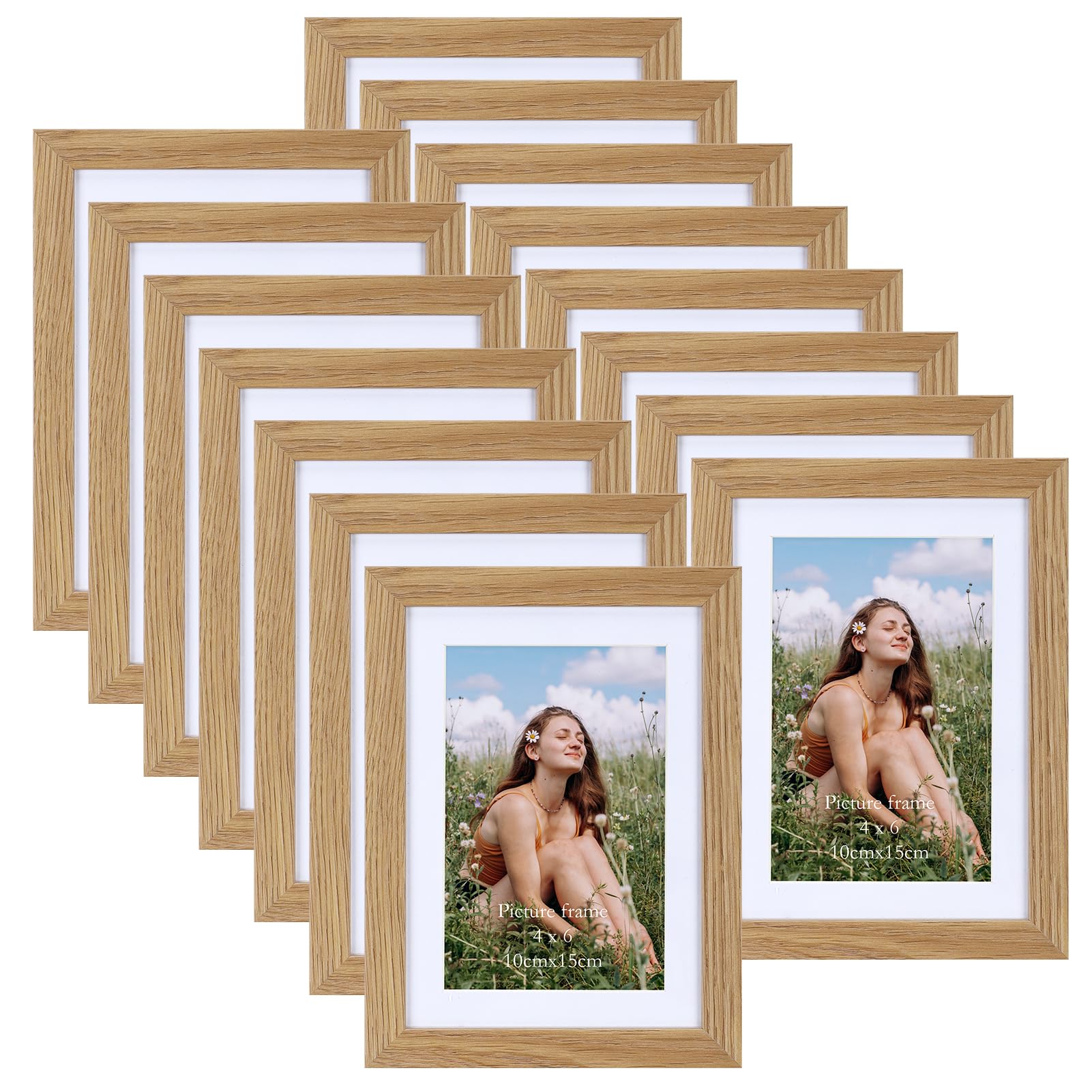 15 Pack Photo Frames 6x4 with Mat, Versatile Photo Frames 7x5 Without Mat, Natur