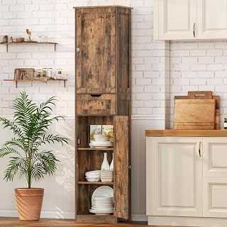 FIONESO 67" Tall Storage Cabinet with Drawer & 2 Adjustable Shelves, Narrow Storage Cabinet, Bathroom Cabinet for Living Room, Bathroom, Kitchen, Entryway, Rustic Brown