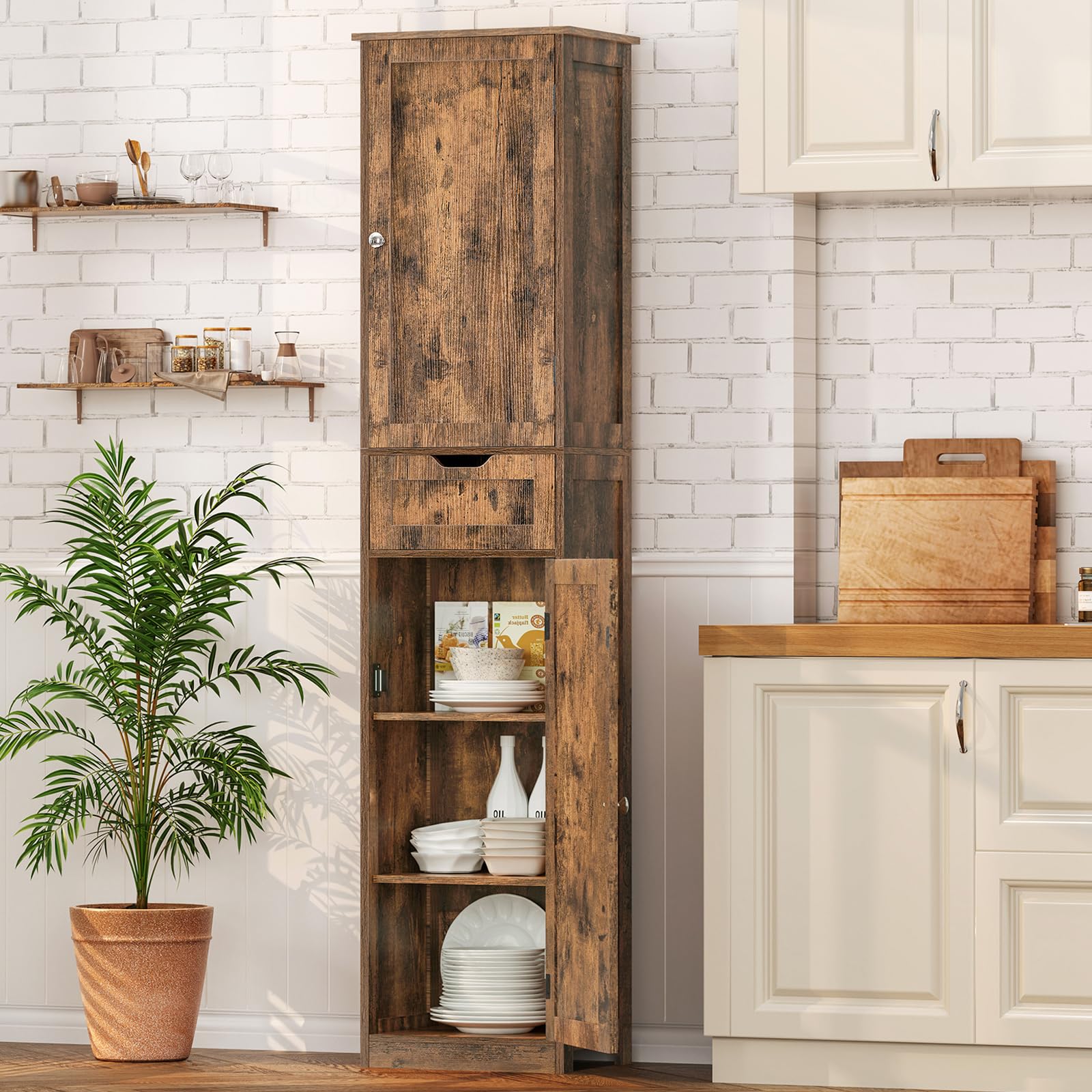 FIONESO 67" Tall Storage Cabinet with Drawer & 2 Adjustable Shelves, Narrow Stor
