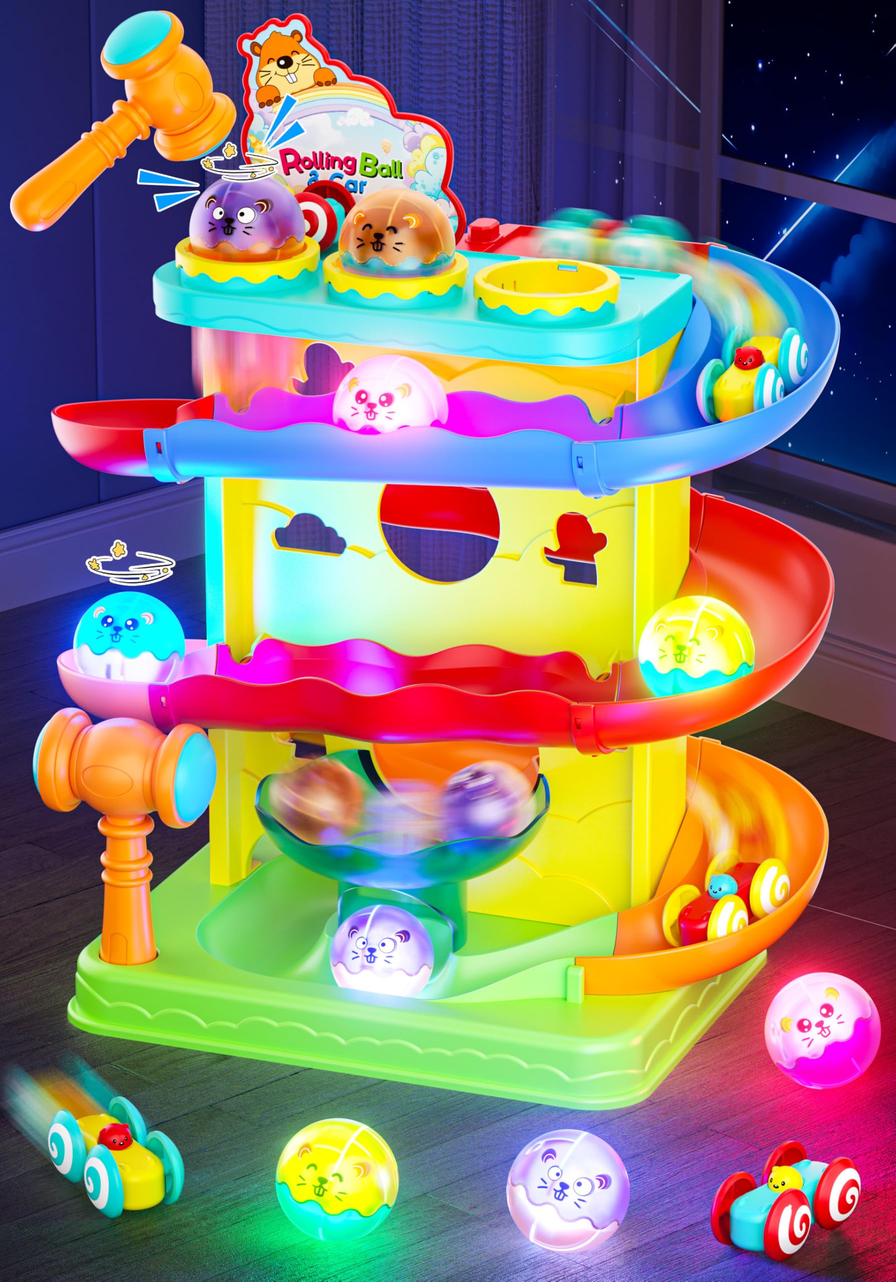 Funwee 2-in-1 Ball Drop & Racing Car Garage Ramp Toy for Toddlers Age 1-5+ | Lig