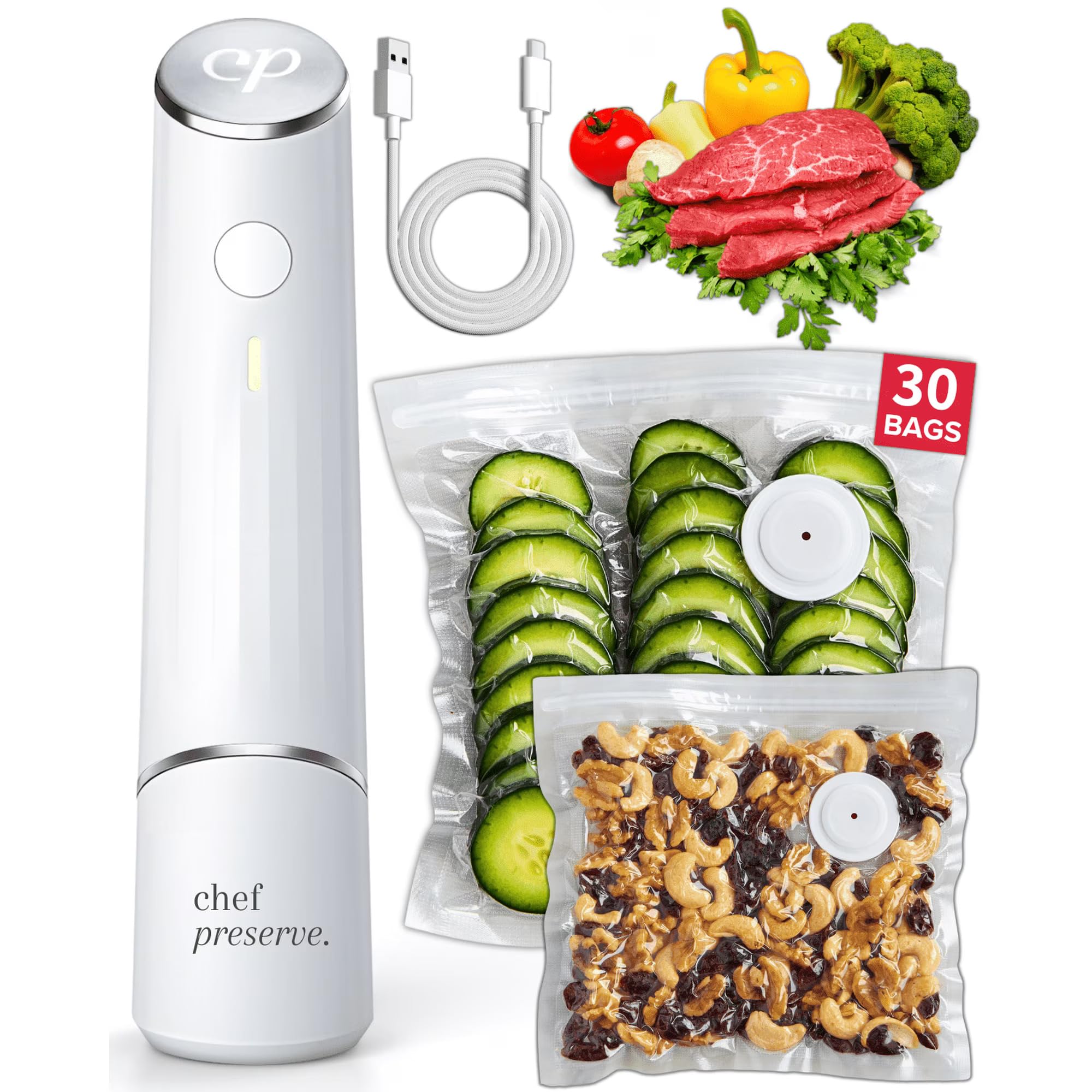 Chef Preserve Compact Vacuum Sealer for Food (Vacuum Sealer Machine + 30 Reusabl