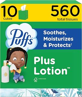 Puffs Facial Tissues Plus Lotion, 10 Cube Boxes, 56 Facial Tissues per Box, Allergies and Colds (Packaging May Vary)