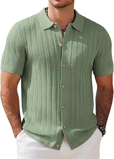 COOFANDY Men's Short Sleeve Knitted Button Collar Twist Polo Shirt for Summer Golf Leisure Casual