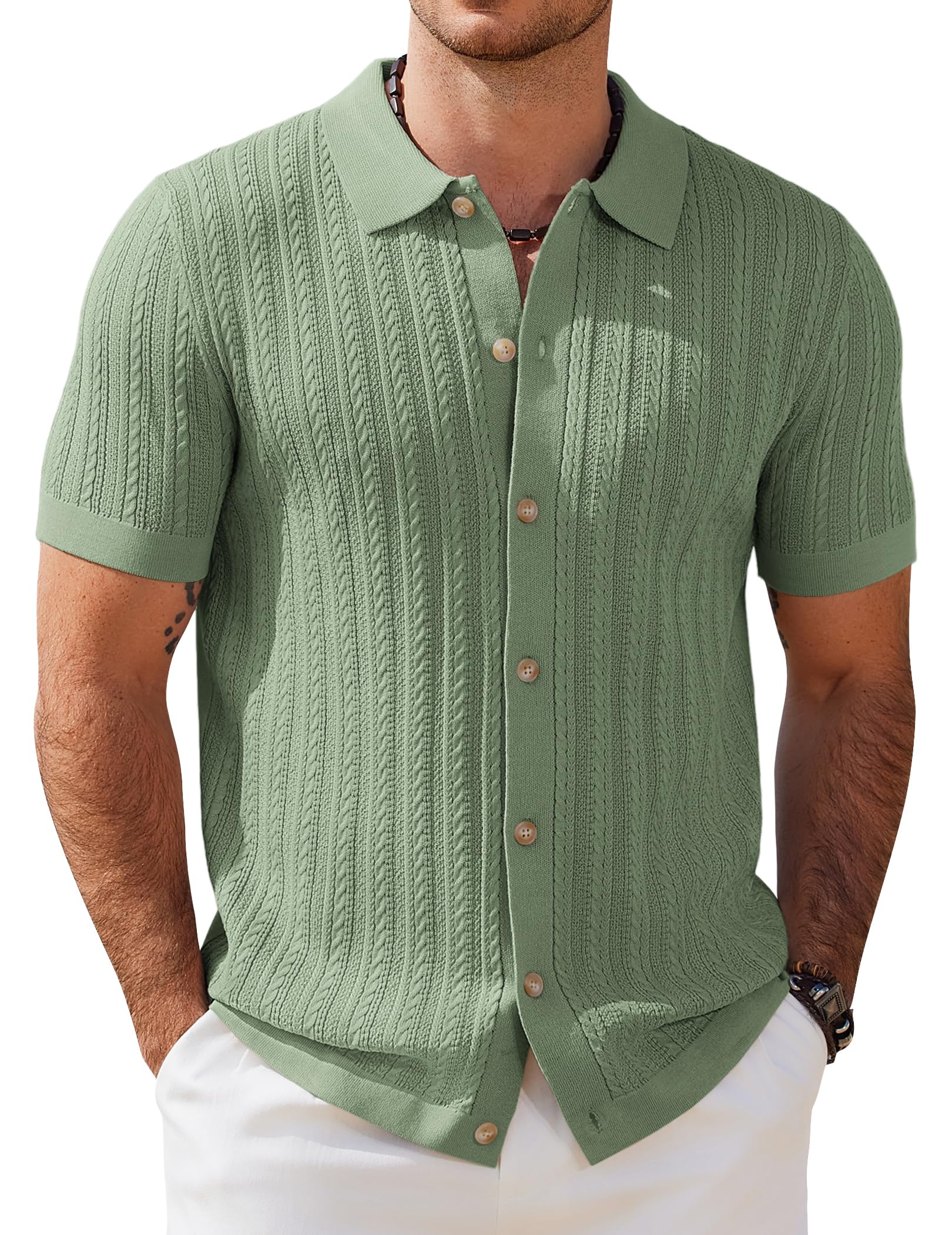 COOFANDY Men's Short Sleeve Knitted Button Collar Twist Polo Shirt for Summer Go