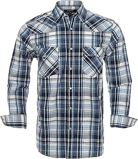 Men’s Western Cowboy Shirts-Long Sleeve Snap Button Plaid Shirt, Regular Fit Cotton Casual Shirt