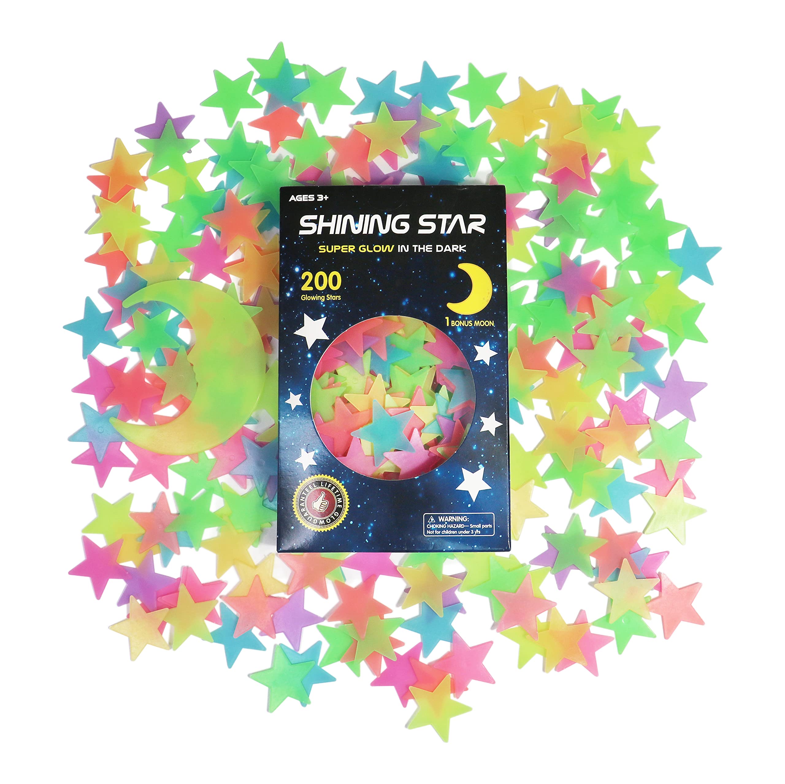 Glow in The Dark Stars Stickers for Ceiling, Adhesive 200pcs 3D Glowing Stars an