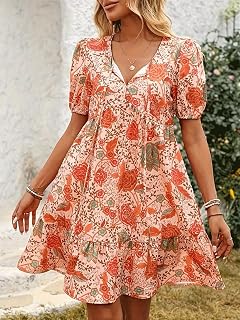 Women Bohemian Floral Print Tiered Mini Dress Puff Sleeve Tie Neck Ruffle Dress for Summer