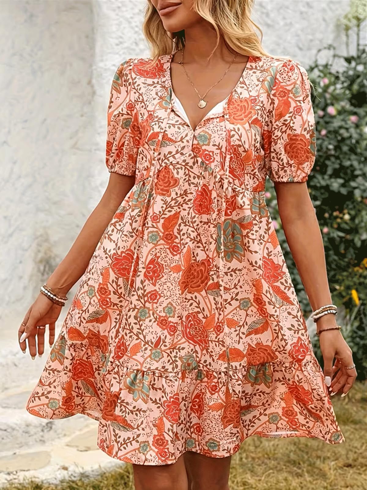 Women Bohemian Floral Print Tiered Mini Dress Puff Sleeve Tie Neck Ruffle Dress 