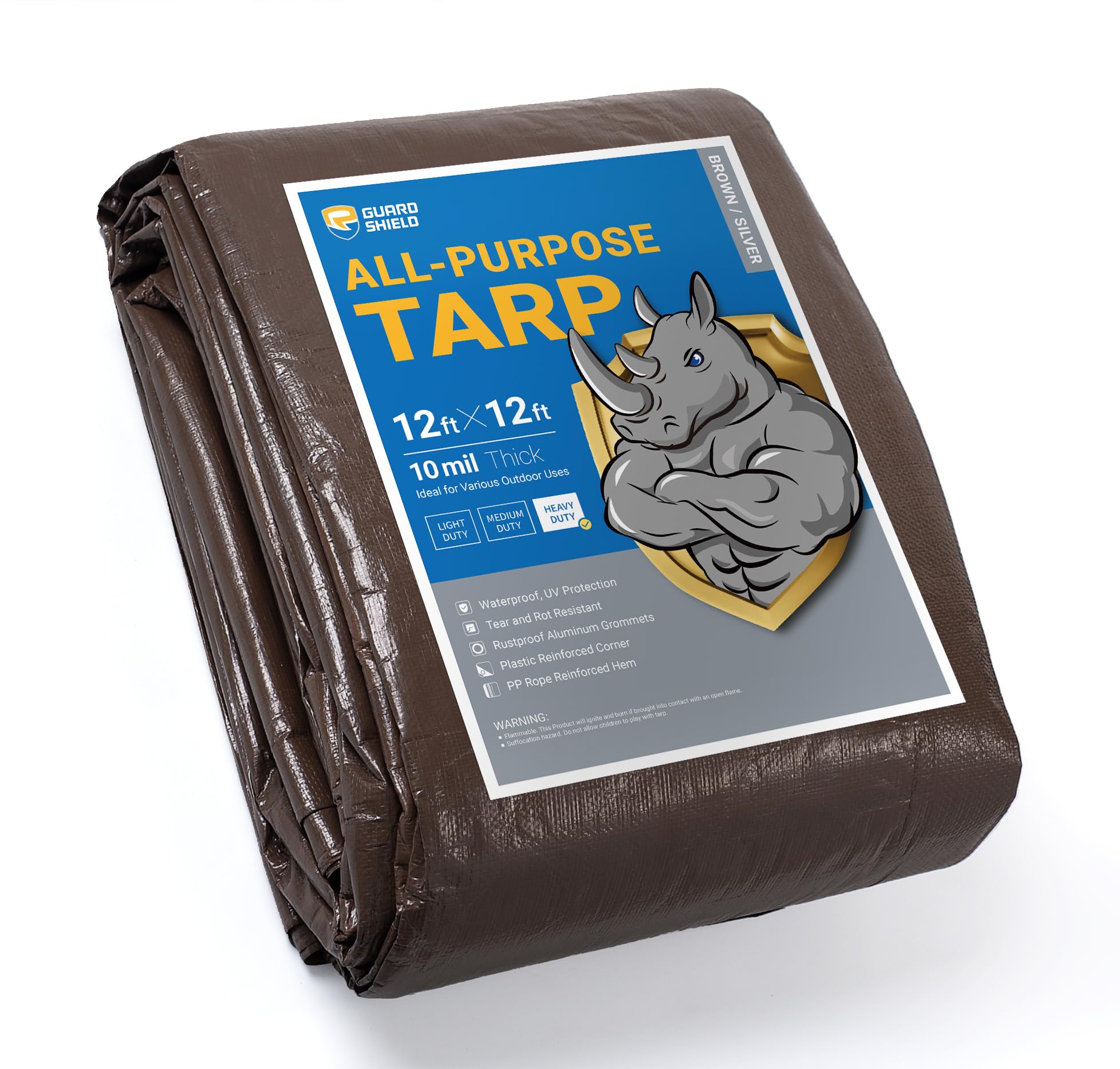 GUARD SHIELD Tarps Heavy Duty Waterproof 12x12 Feet Brown/Bright Silver Poly Tar