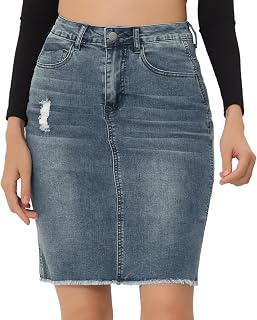 Allegra K Women's Basic Distressed High Waist Washed Jeans Denim Skirt