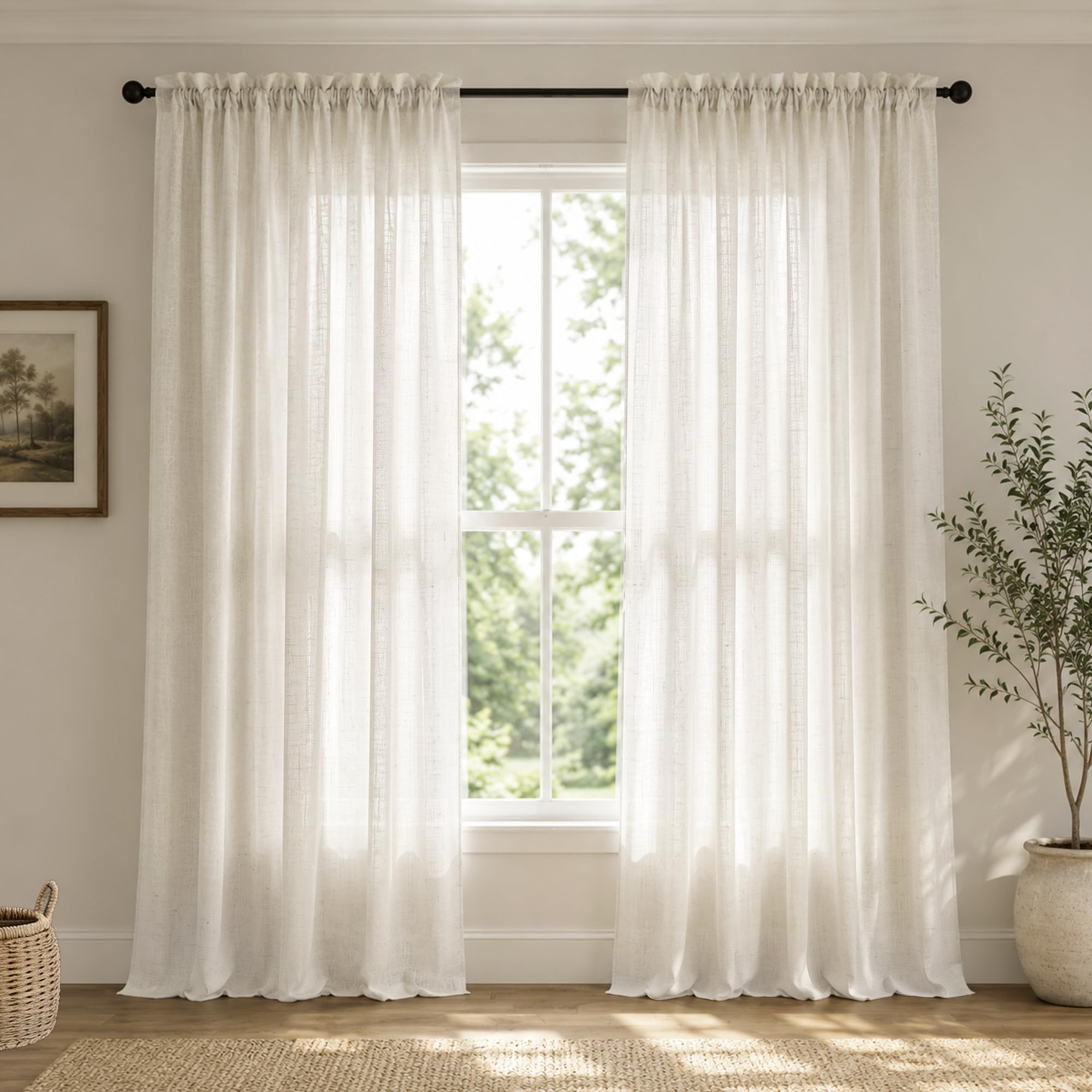 Linen Curtains for Living Room, Cream Light Filtering Cottage Core Country Farmh