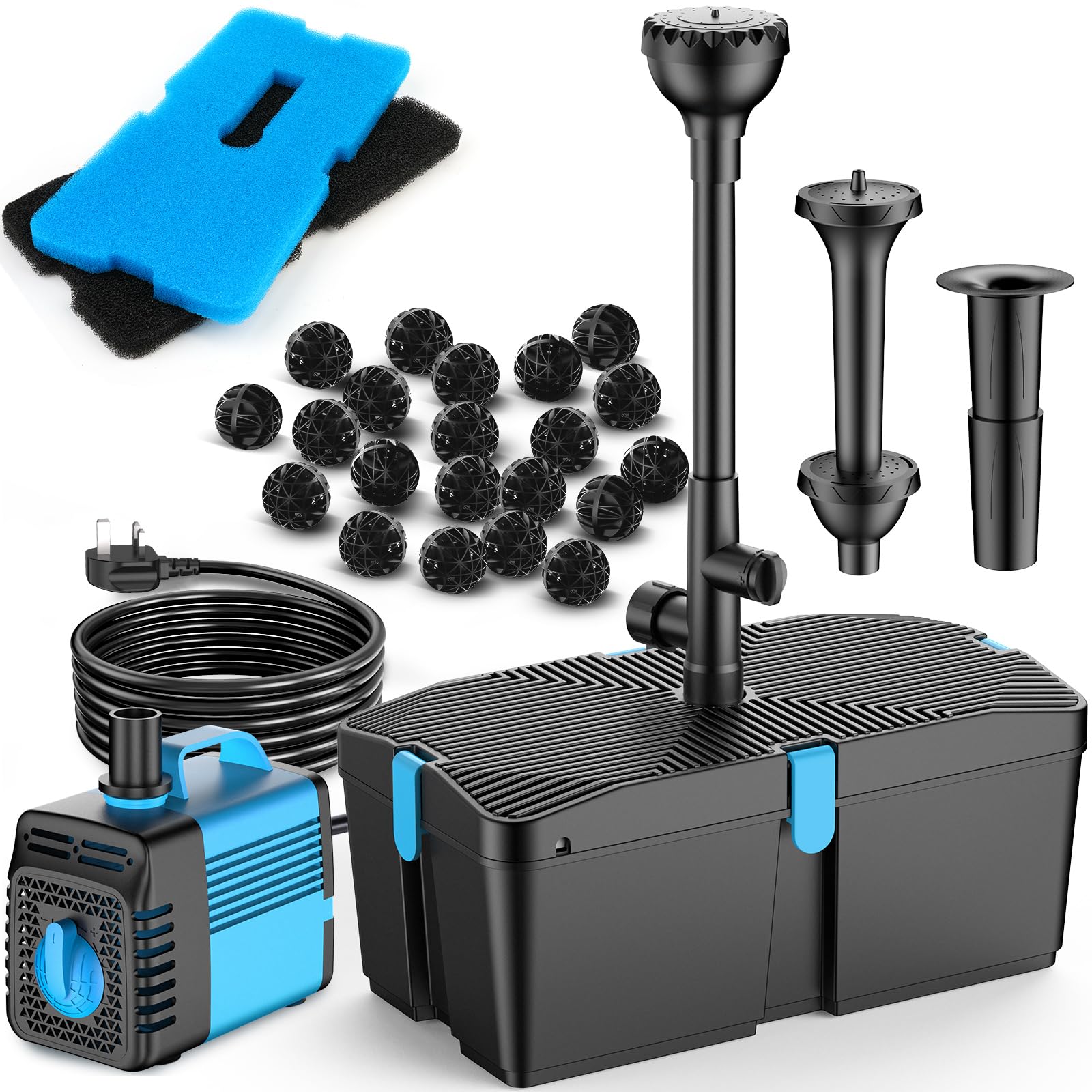 Pond Filter with Fountain Pump Kits, 60W 3100L/H Pond Pump and Filter Kit with S