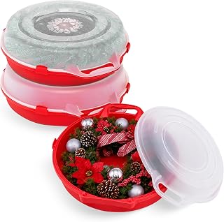 HOMZ Holiday Storage 24" Clear Plastic Wreath Container, Red, 3 Pack | Stackable Seasonal Decoration Organizer Bins with Lids and Handles for Christmas Wreaths and Garlands