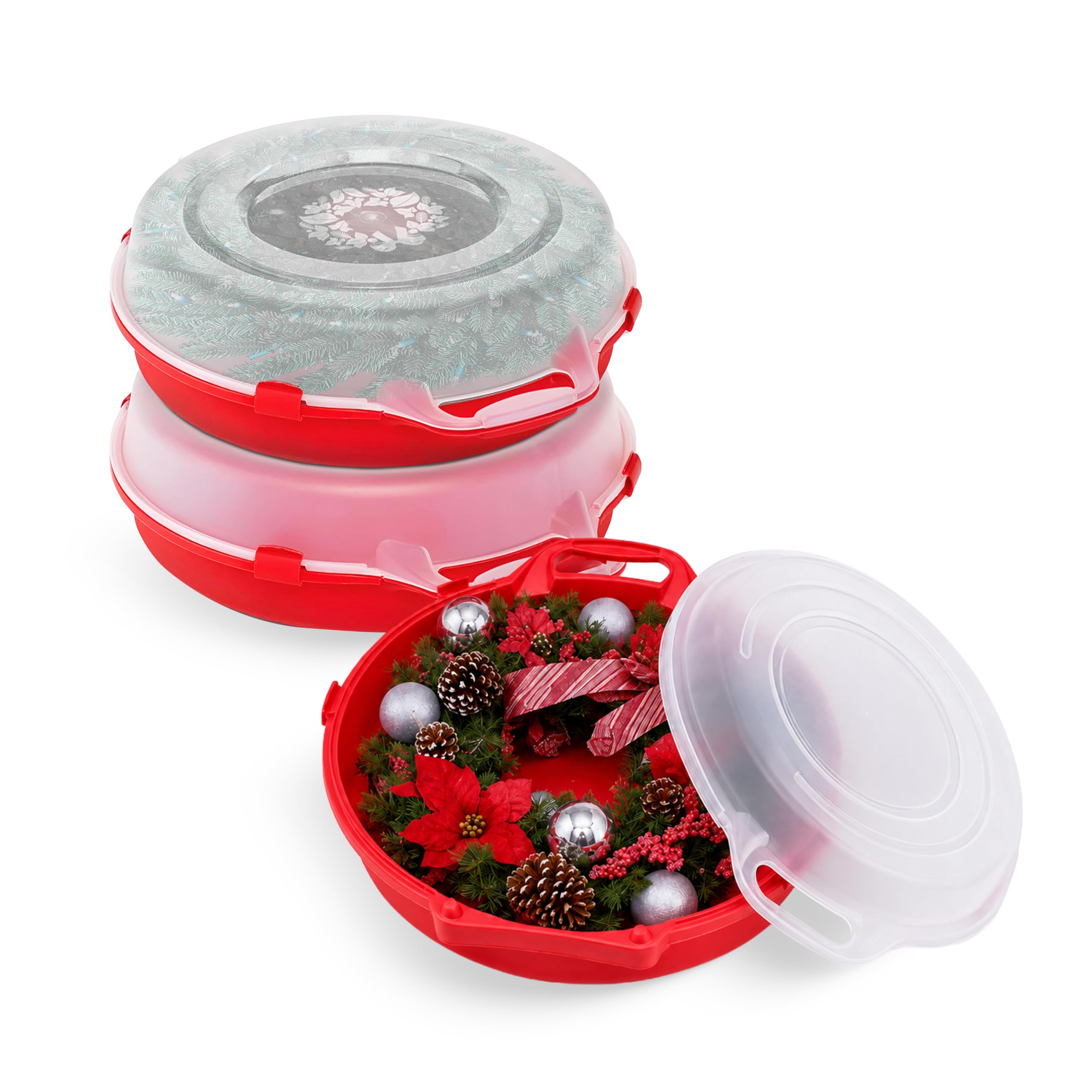 HOMZ Holiday Storage 24" Clear Plastic Wreath Container, Red, 3 Pack | Stackable