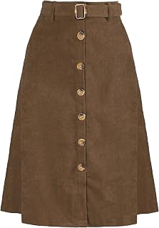 Allegra K Womens High Waist Button Front A-Line Belted Corduroy Midi Skirt