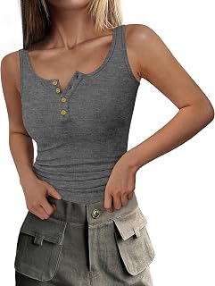 DUOEASE Women's Black Ribbed Tank Top with Buttons Round Neck T Shirt Women's Sleeveless -2XL