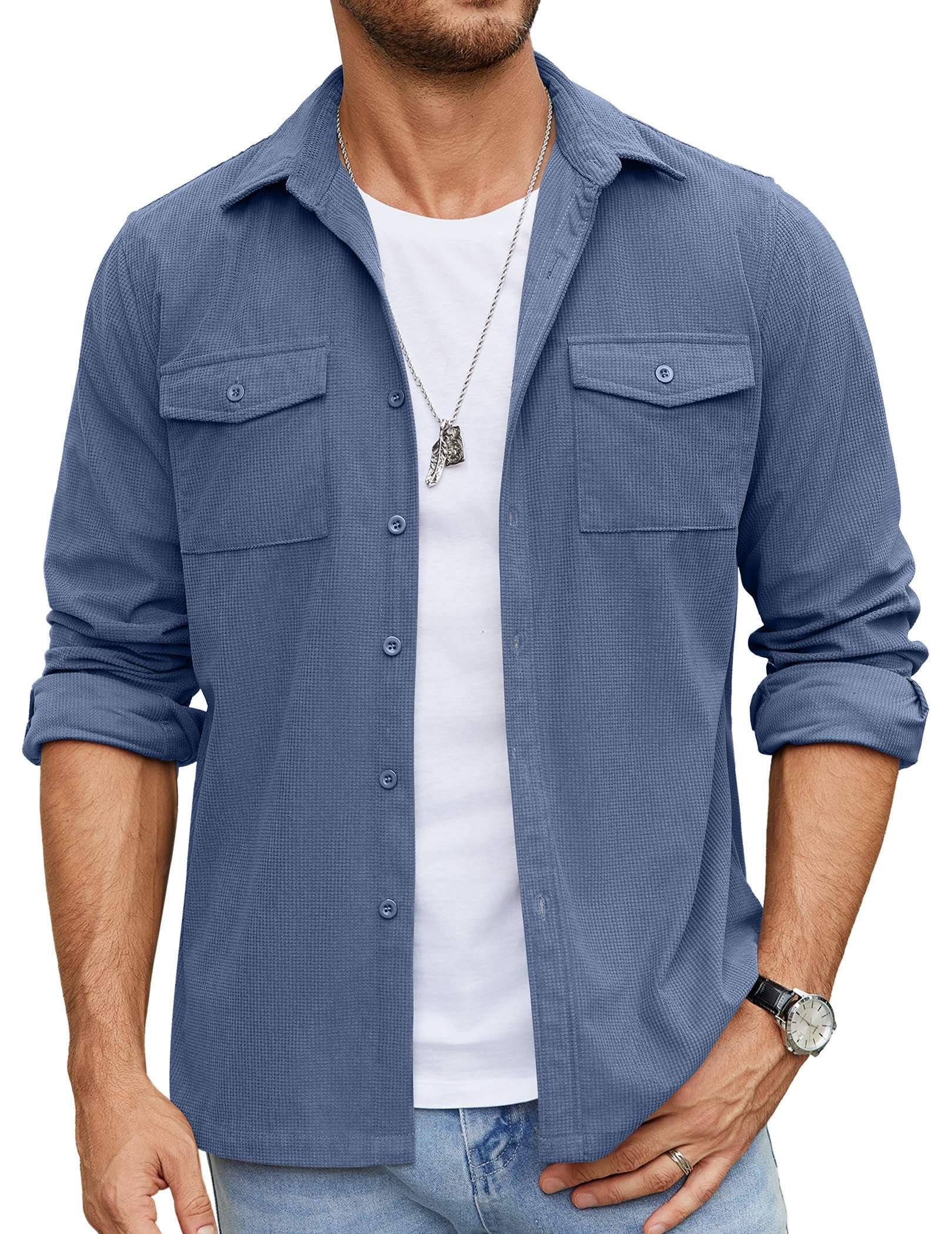 COOFANDY Mens Button Down Waffle Shirt Jacket Casual Long Sleeve Lightweight Ove